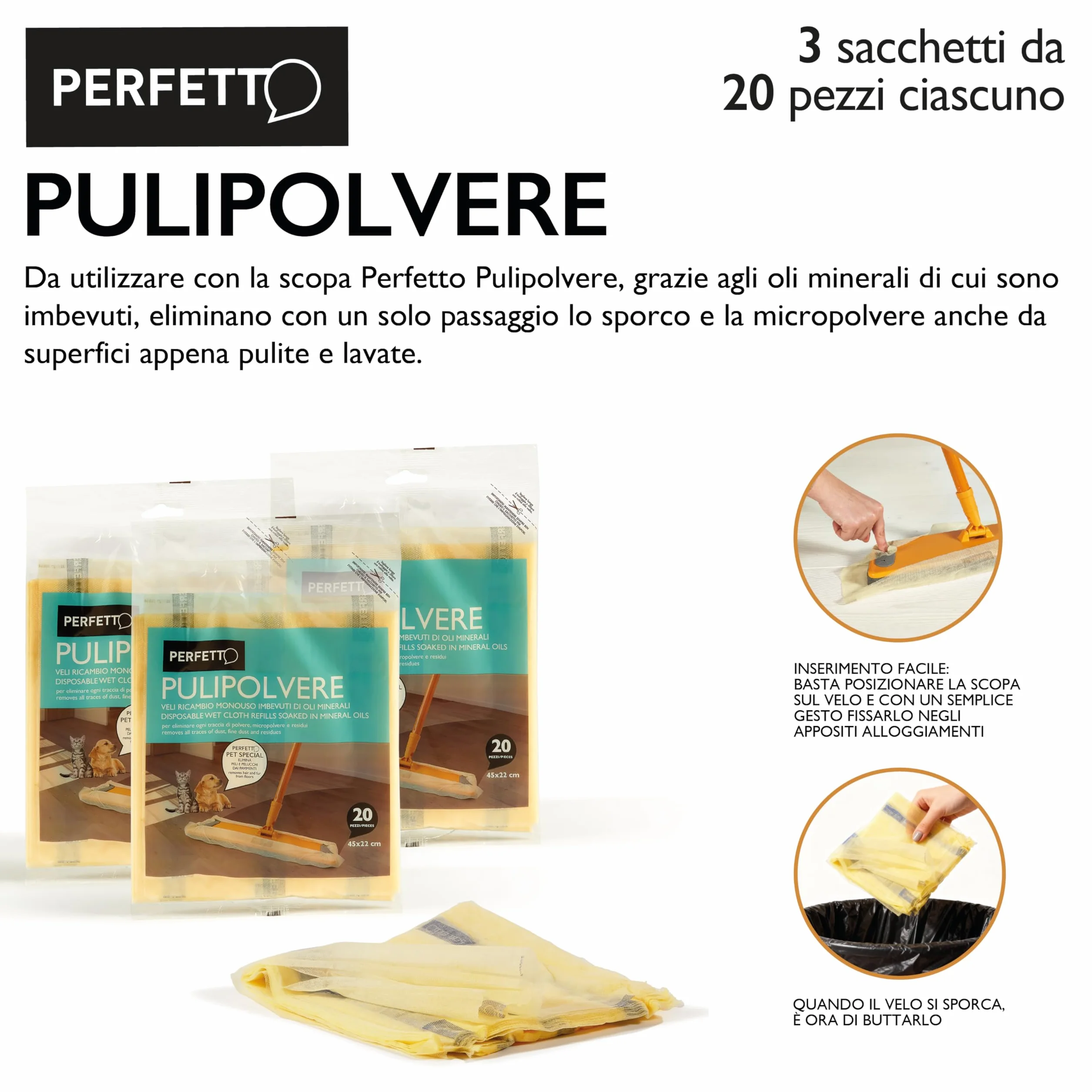 Perfetto Pulipolvere Confezione 3 Buste Ricambio da 20 Retine, 45 x 22 cm, Polipropilene, Giallo