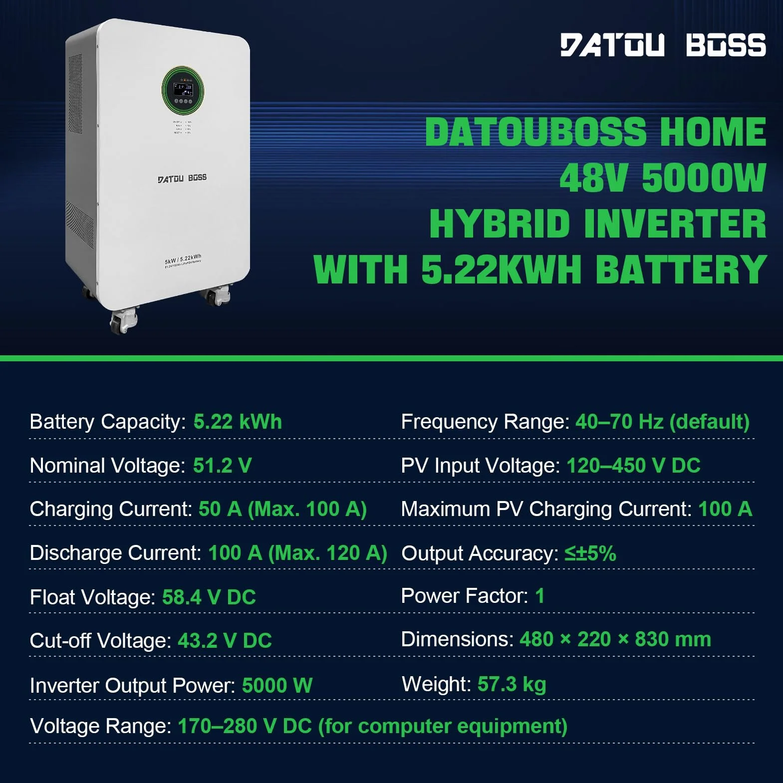 DATOUBOSS 5000W Inverter Ibrido Solare 48V+Batteria LiFePO4 48V 102Ah 5,22 kWh,6000+cicli,integrata BMS,ideale per Solare, Off-Grid,Centrale Elettrica.