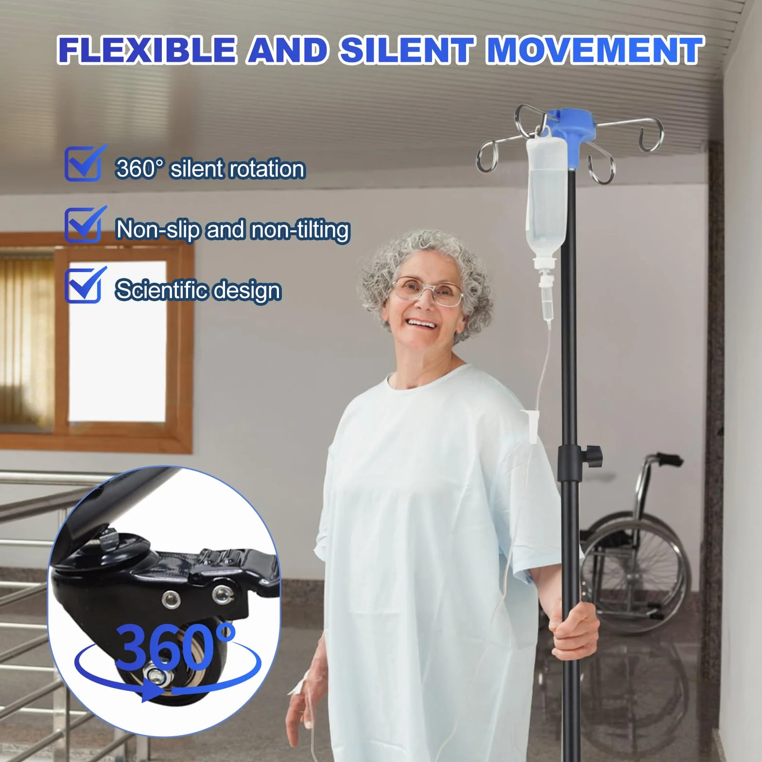 Asta per Flebo,Supporto per Infusione con Ruote,con 4 Ganci e 3 Ruote Rimovibili,Portaflebo Portatile,Altezza Regolabile,per ospedale e Casa, Acciaio Inossidabile