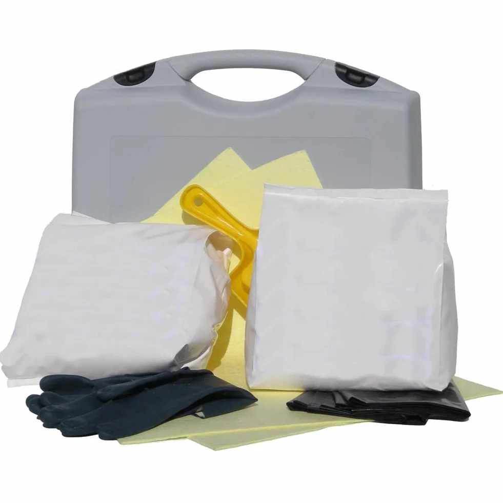 Kit di pronto intervento per acido solforico, capacità assorbente 25,93 Lt, confezionato in valigetta in plastica
