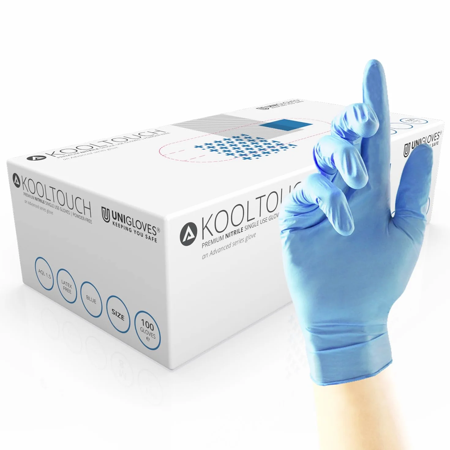 UNIGLOVES Kooltouch Guanti Monouso in Nitrile, Peso Medio, Senza Talco, Confezione da 100, Blu, Extra Small