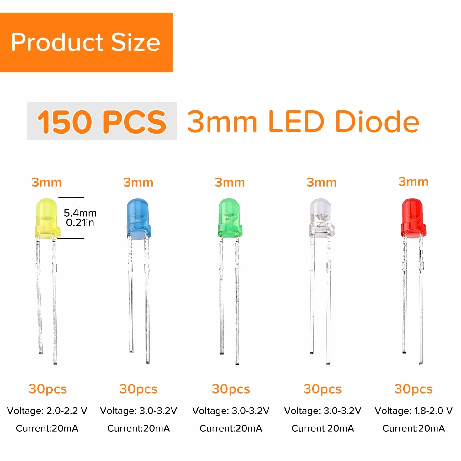 LED Diodo 3mm 2-Pin Testa Rotonda Bianco Rosso Giallo Verde Blu 150 Pezzi