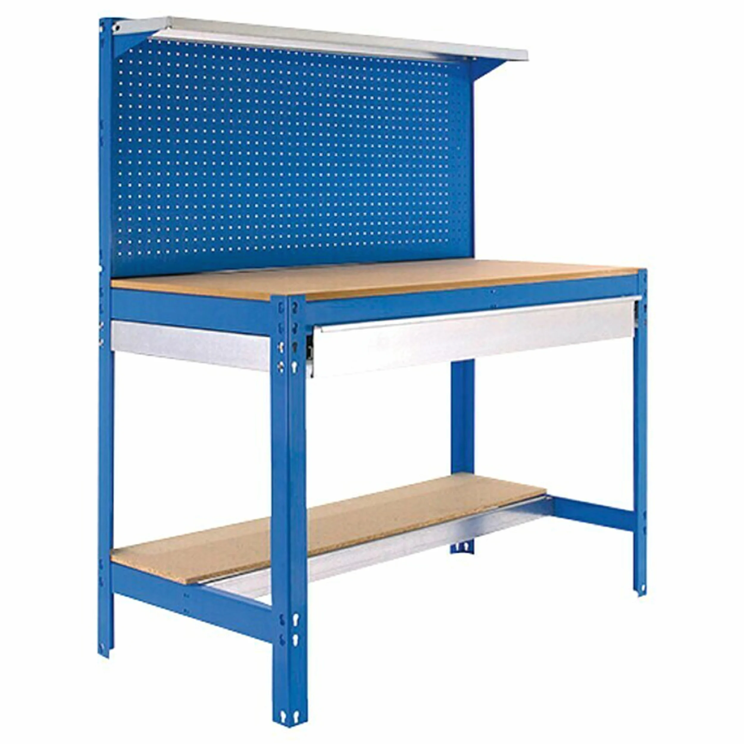 Simon Rack Banco da lavoro per officina, capacità di carico 600 kg, 1445x1210x610 mm, Pannello Forato, Ripiano per cassetti, Tavolo da lavoro fai da te, Blu/Legno - BT3