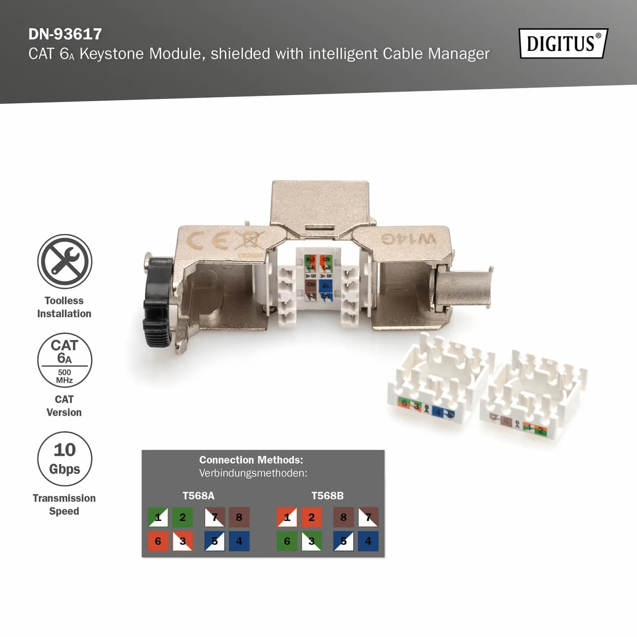 DIGITUS Modulo Keystone Cat-6A schermato RJ45 Jack 500 MHz 10GBase-T AWG 26-22