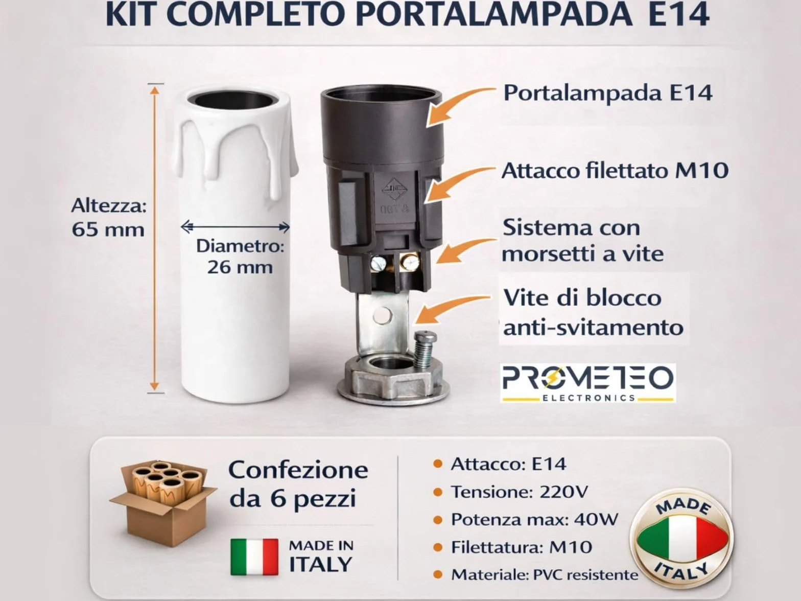 Kit 6 Portalampade E14 Finta Candela Bianca – Copricandela per Lampadari Classici e Vintage – Attacco E14 con Nipplo M10 e Vite di Sicurezza – Altezza 65 mm