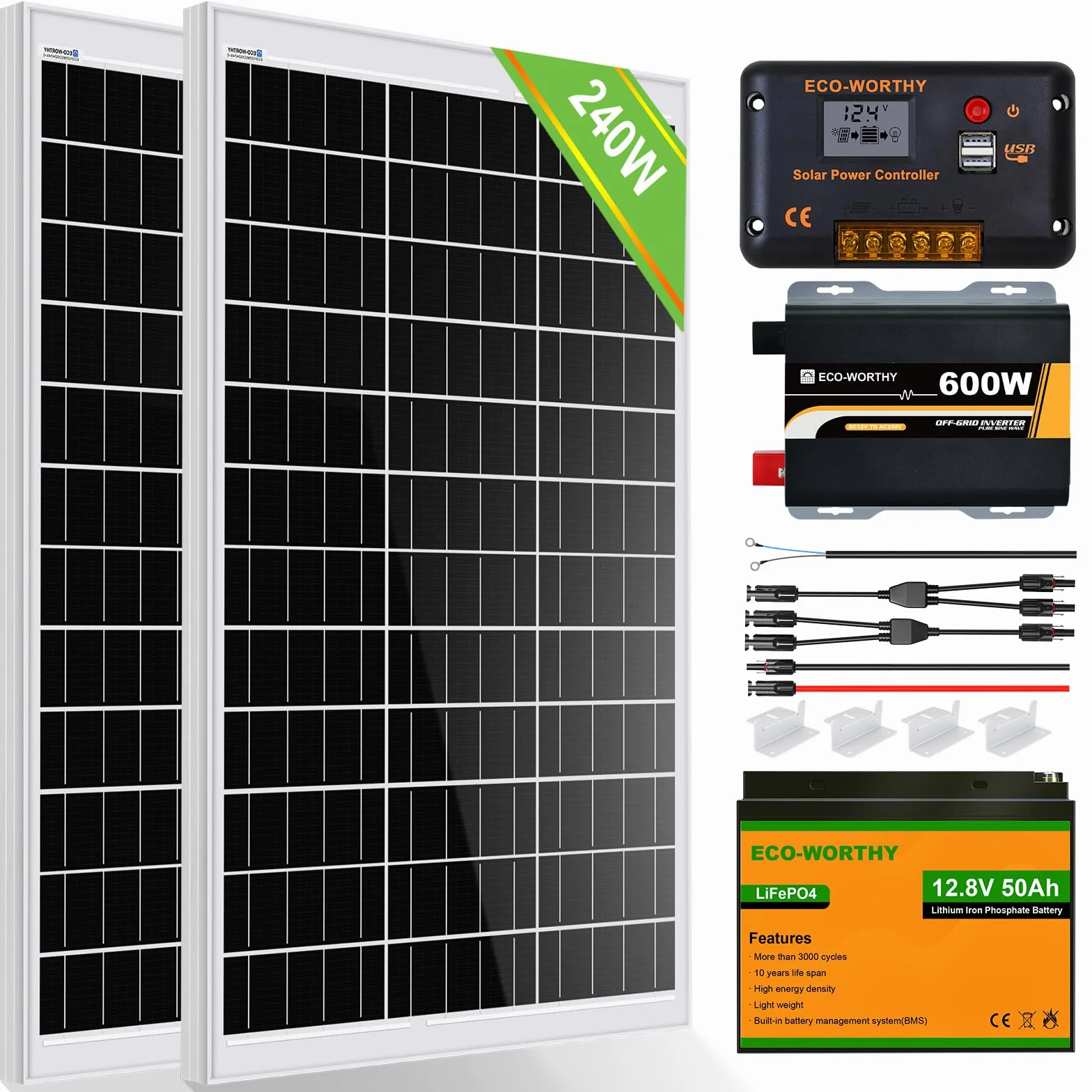 ECO-WORTHY 240W 12V Pannello Solare Kit Completo per Sistemi Solare Off-grid:2 Pannelli Solari 120W+Regolatore di Carica 30A+Inverter Onda Pura 600W+Batteria Litio 12V 50Ah