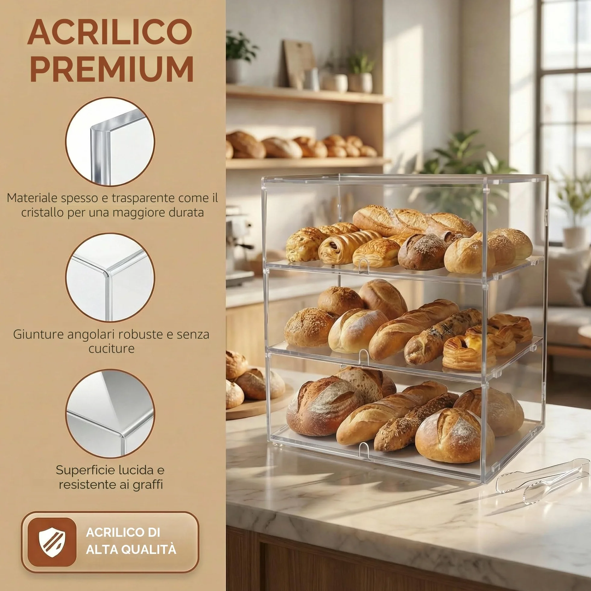 3 ripiani in acrilico trasparente per panetteria, vetrina da 5 mm, pannelli PETG ad alto impatto, 49.5 x 38 x 26 cm, porte anteriori con fori per le dita