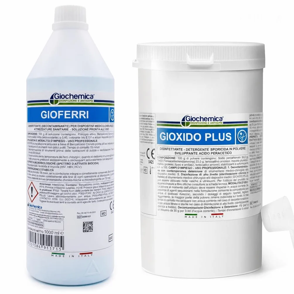 Sterilizzante a freddo in polvere Acido peracetico 1 kg GIOXIDO PLUS + Disinfettante decontaminante a base di Benzalconio cloruro 1000 ml GIOFERRI - Ideali per Ferri e strumenti