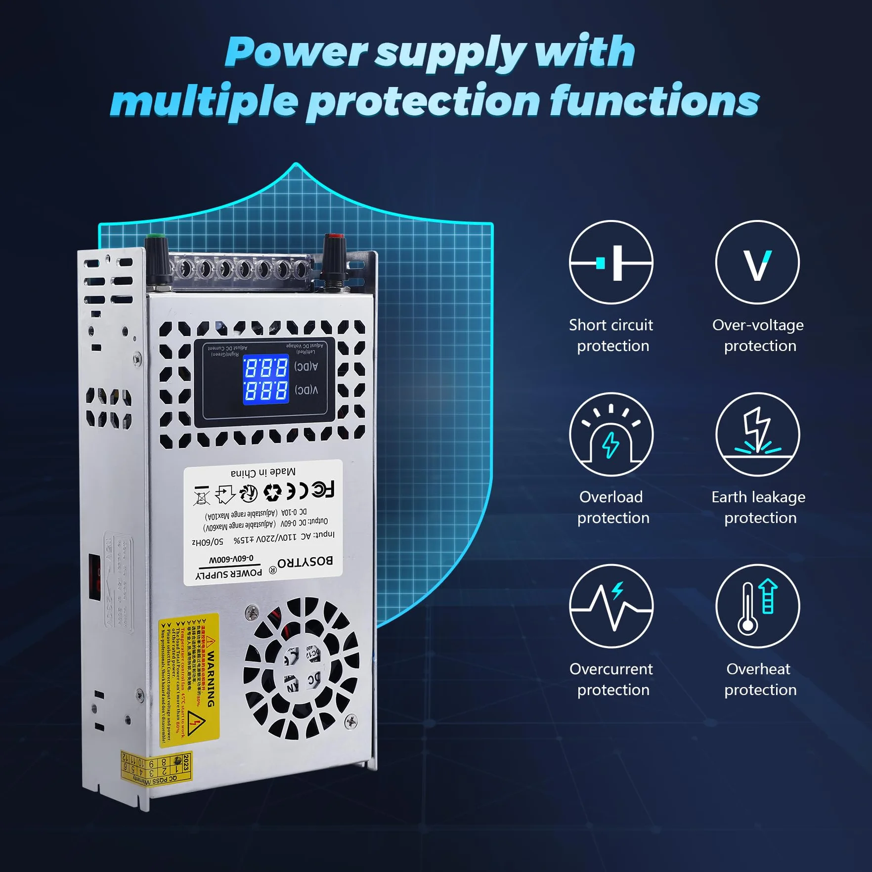 Regolabile Trasformatore AC110/220V DC 0-60V 0-10A 600W tensione display digitale Alimentazione switching regolata DC Adatto per motori di controllo della velocità,sistemi di stampanti 3D