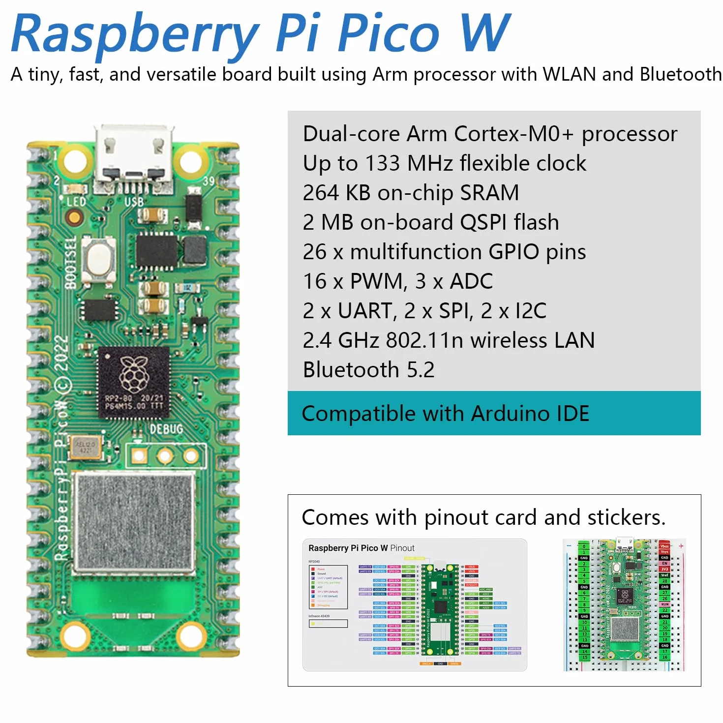 Freenove Raspberry Pi Pico W Board Pre-Soldered Header, Dual-core Arm Cortex-M0+ Microcontroller