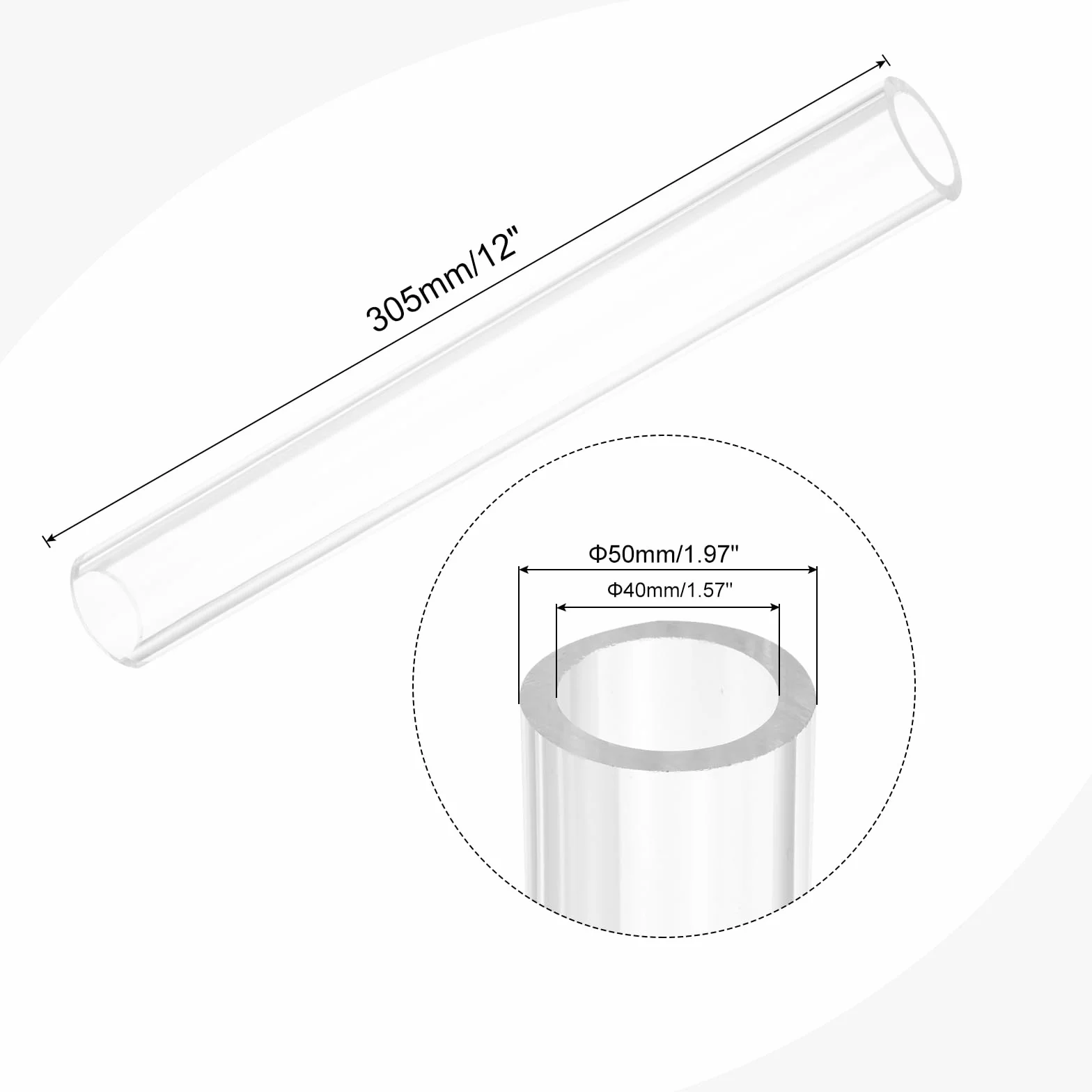 Tubo rotondo rigido in acrilico trasparente 40 mm ID 50 mm OD 305 mm per lampade e raffreddamento ad acqua