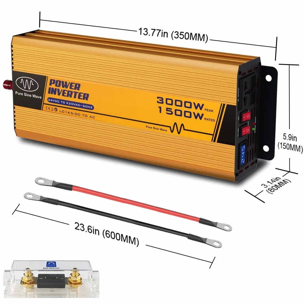 ECO-WORTHY Inverter Solare 1500W 24V DC-24V AC-220V, Onda Sinusoidale Pura di Picco 3000W per Auto/Camper/Casa/Sistema Solare Off-Grid