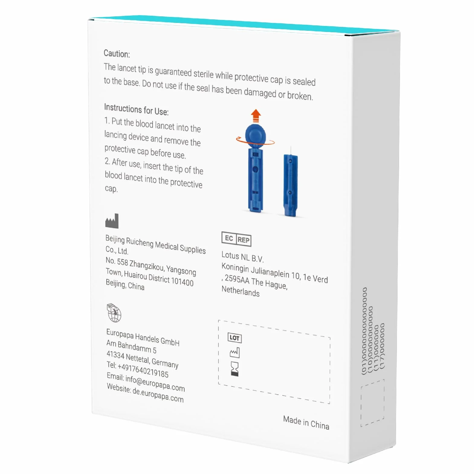EUROPAPA® Lancette 100 Pezzi, Lancette Sterili Monouso, Lancette Sangue, Lancette Di Sicurezza Per La Misurazione Della Glicemia, Diabetici, Misuratore Di Glicemia Serie EUROPAPA BG Applicabile
