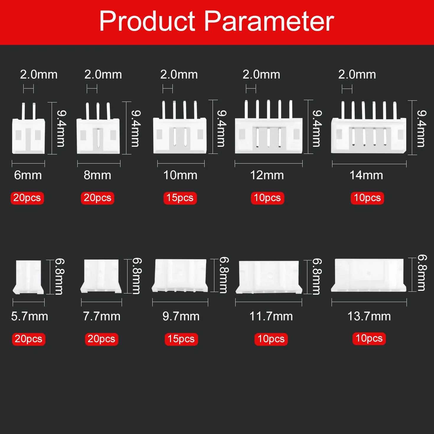 JST-PH 2.0 mm Connettore Kit 420 Pezzi, 2-6 Pin Maschio Femmina, 22AWG Pre-Crimpato Cavi