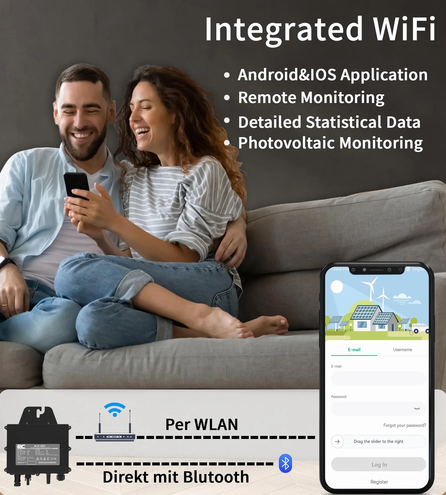 RC Micro inverter 400 W, ingresso CC 25-60 V, inverter modulo PV, micro convertitore MPPT, Controllo dell’app tramite Wi-Fi