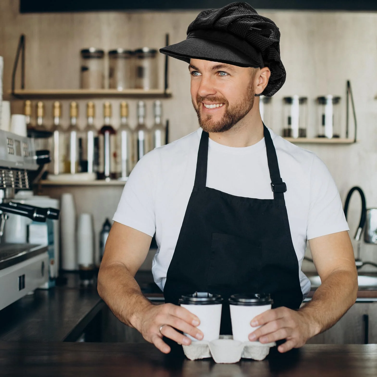 Telooco 2 Pezzi Cappello da Cuoco Regolabile Traspirante Nero con Tesa per Ristorante Chef