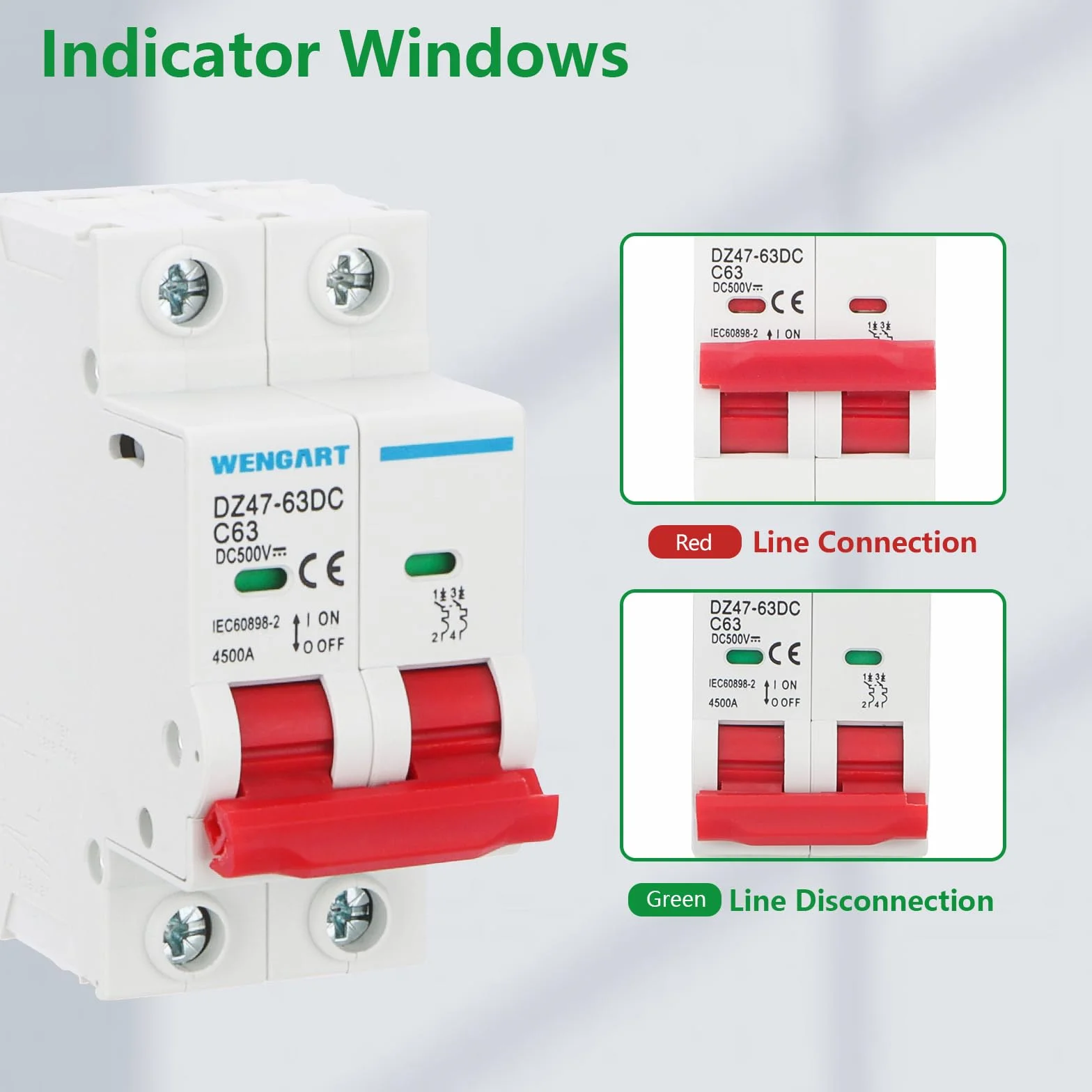 Interruttore DC Wengart DZ47-63Z, interruttore di sezionamento DC, 500V 63A 2 poli, montaggio su guida DIN, per batterie e sistemi fotovoltaici solari e altri sistemi DC