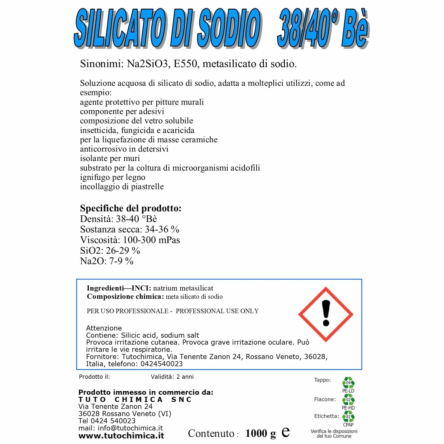 Silicato di sodio 38/40 be 1 kg