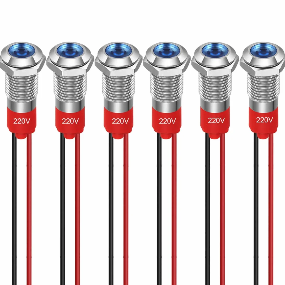GUUZI 6pcs 8mm Indicatore LED 220-230V Indicatore Luminoso Impermeabile Pannello in Metallo Indicatore LED Indicatore Luminoso Montaggio a Pannello Testa Piatta con Fili Guscio Argento (Blu)