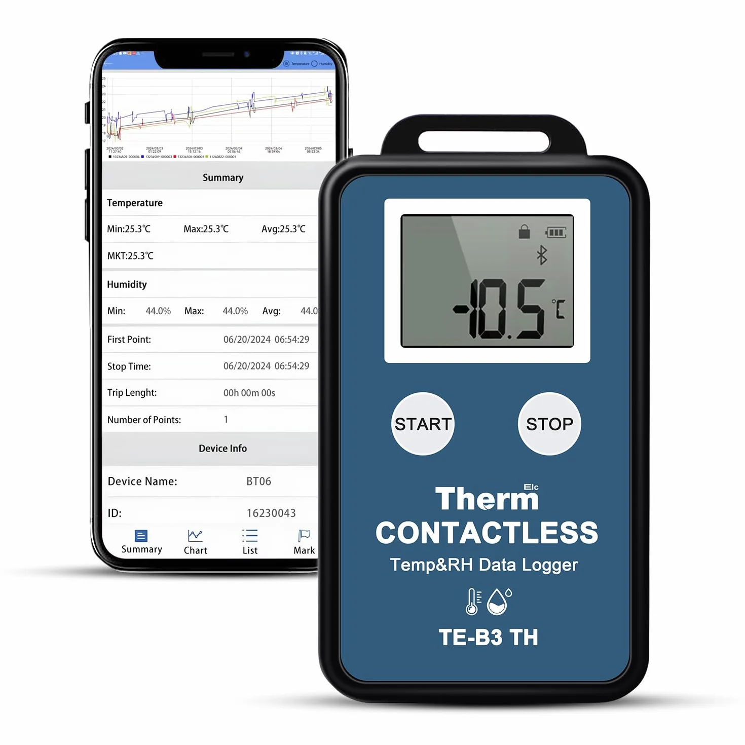 ThermElc TE-B3 Bluetooth registratore temperatura umidità, monitor wireless 300 m, 32000 punti, PDF CSV per mappatura laboratorio