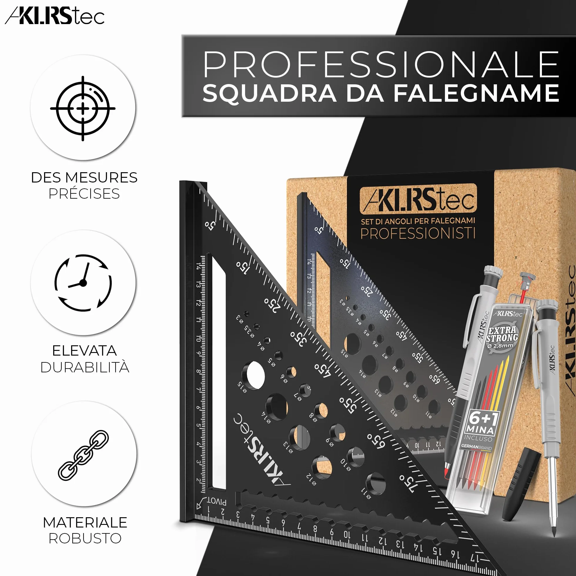 Squadra da falegname professionale Set utensili lavorazione legno 7 pezzi con matita e puntali