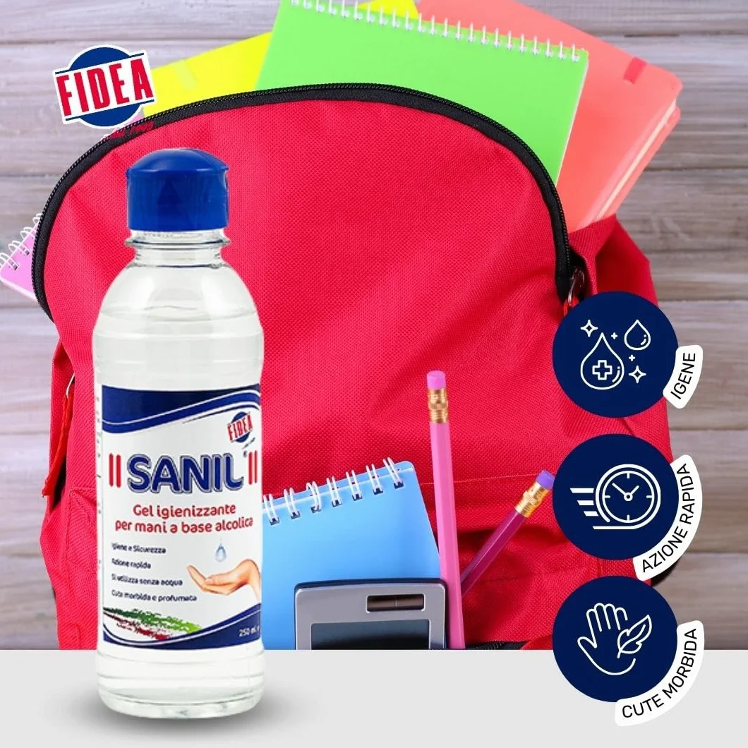 Fidea Sanil Gel Igienizzante Mani Professionale a Base Alcolica, Igiene Sicura e Profonda Senza Acqua, deterge a fondo la pelle - dermatologicamente testato (250 ml)