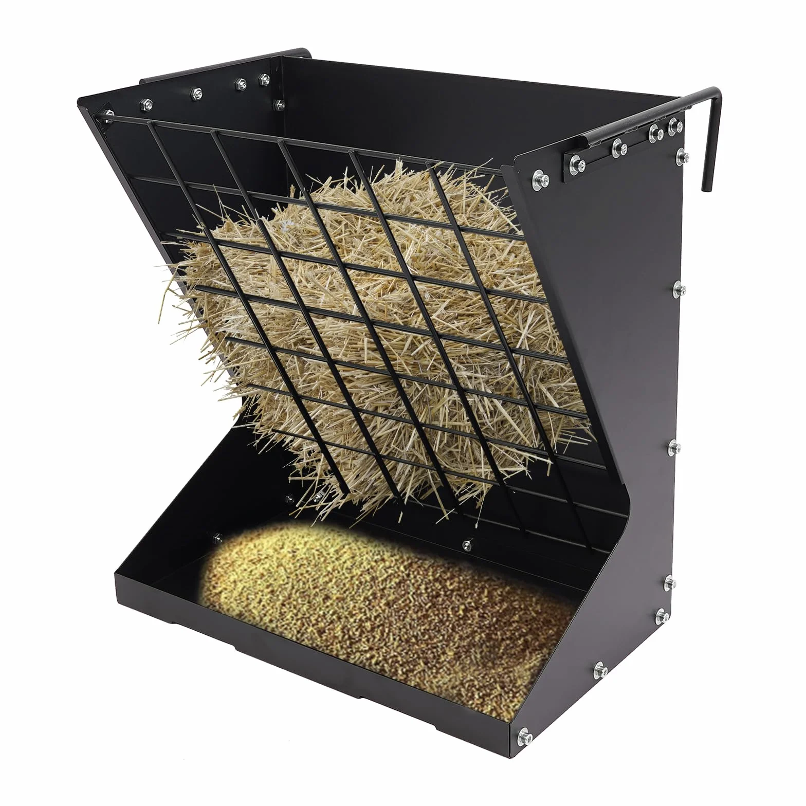 Mangiatoia 2 in 1 per fieno e cereali con spargicchio di mangime e ganci regolabili, da appendere o a parete, mangiatoia in acciaio per pecore, capre e cavalli (nero)