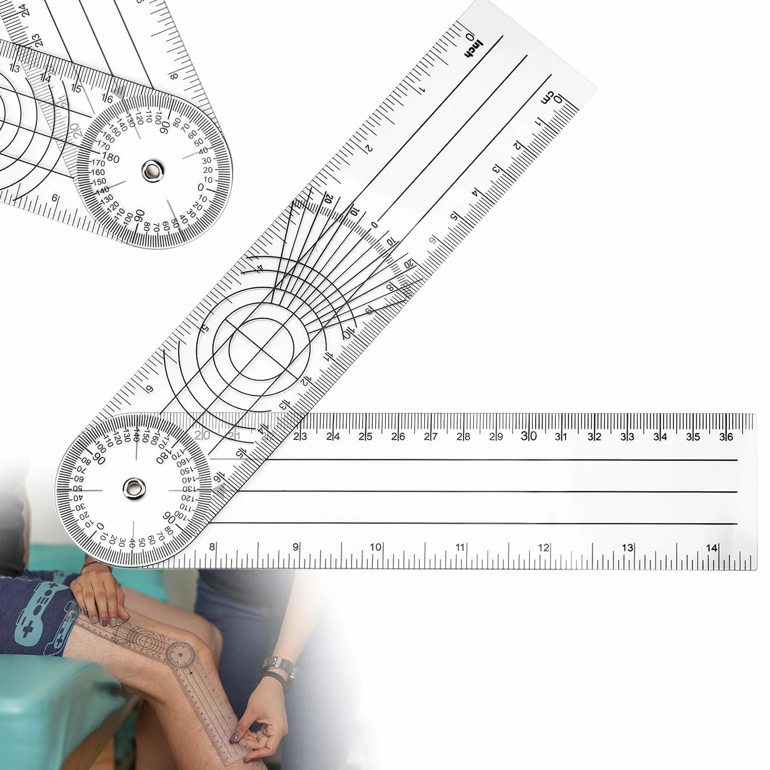Goniometro 360 Gradi, PVC Goniometro Fisioterapia 360° Trasparenti, 36cm Goniometro Ortopedico Misuratore Angoli