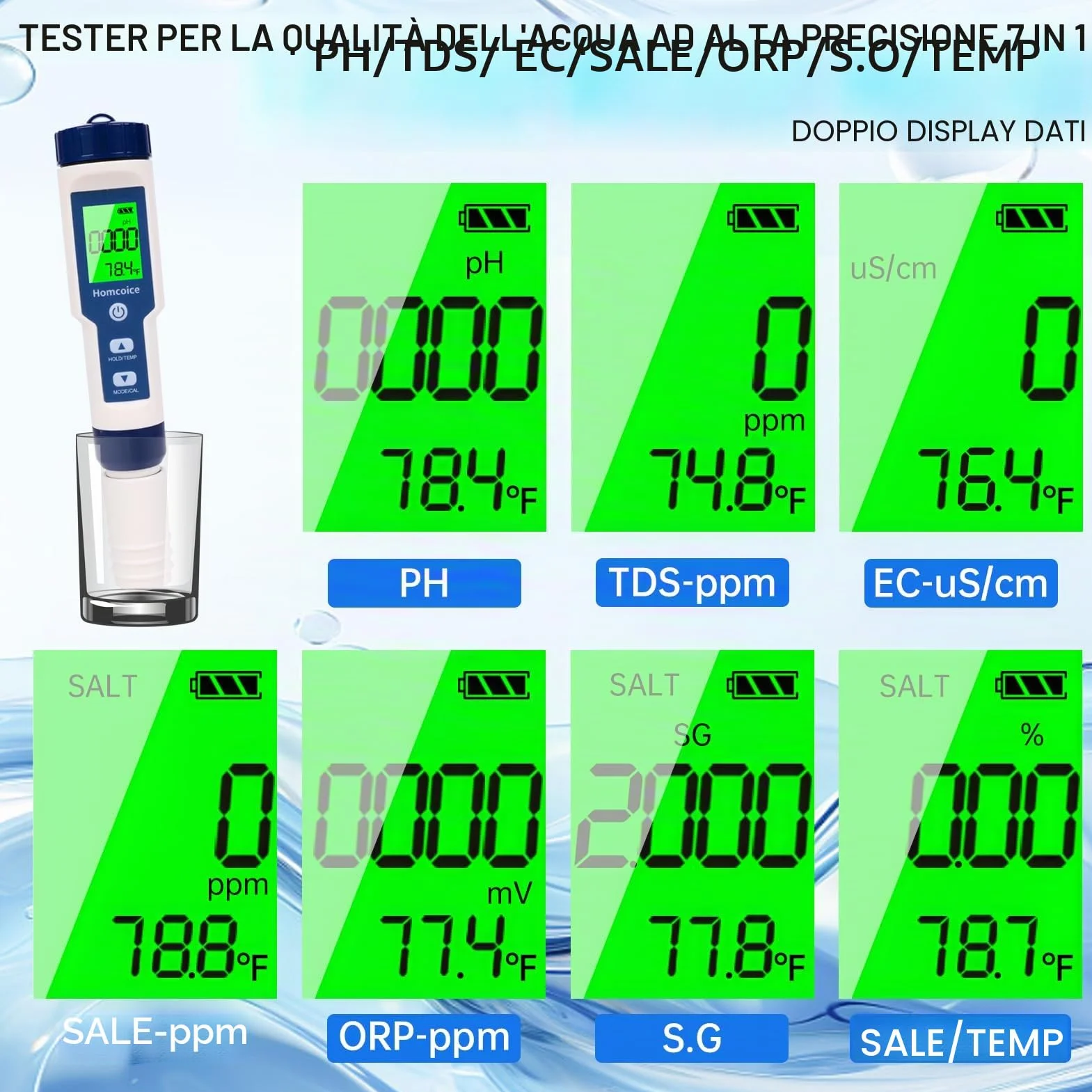 Misuratore pH Piscina 7 in 1 con TDS EC Salinità S.G ORP Temperatura, professionale Tester pH Acqua IP67 impermeabile, pH Meter digitale ad alta precisione 0,01 con funzione ATC