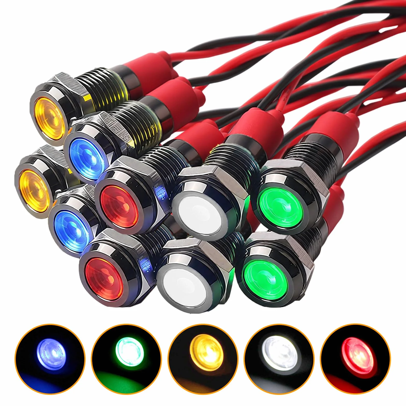 10pcs 6mm Indicatore Luminoso Set AC/DC 12-24V Indicatore Luminoso LED IP67 Impermeabili Spia Luminosa Pannello LED Pilot Dash Spia Lampada Indicatore per Auto Car Van(Rosso/Verde/Blu/Giallo/Bianco)