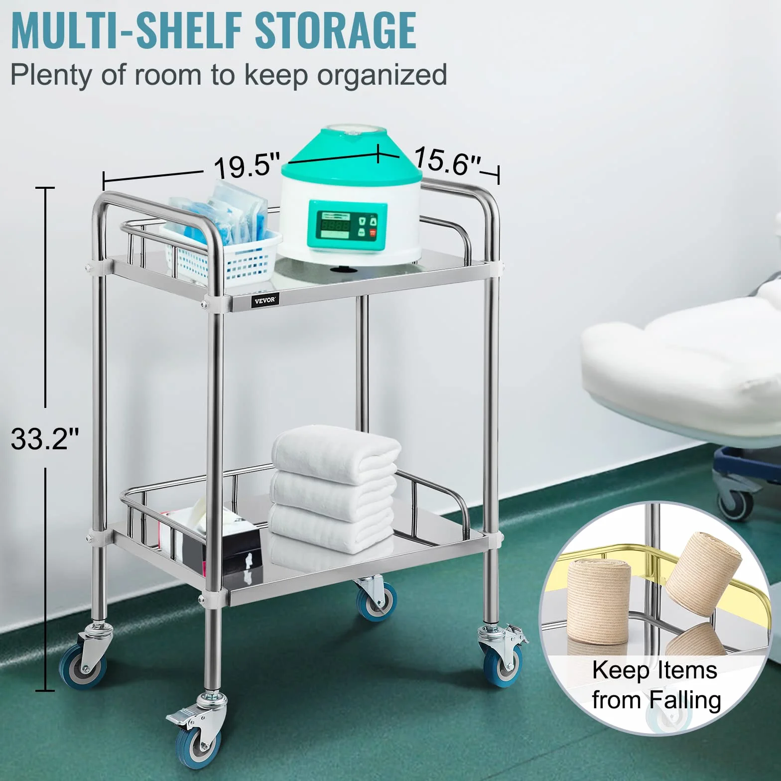 VEVOR Carrello da Laboratorio, 2 Strati Carrello Medico in Acciaio Inox, con 4 Ruote a 360° 2 Freni, Argento, per Ospedale, Farmacia ed Estetica, Laboratori, Salone di Bellezza, Centro di Ricerca