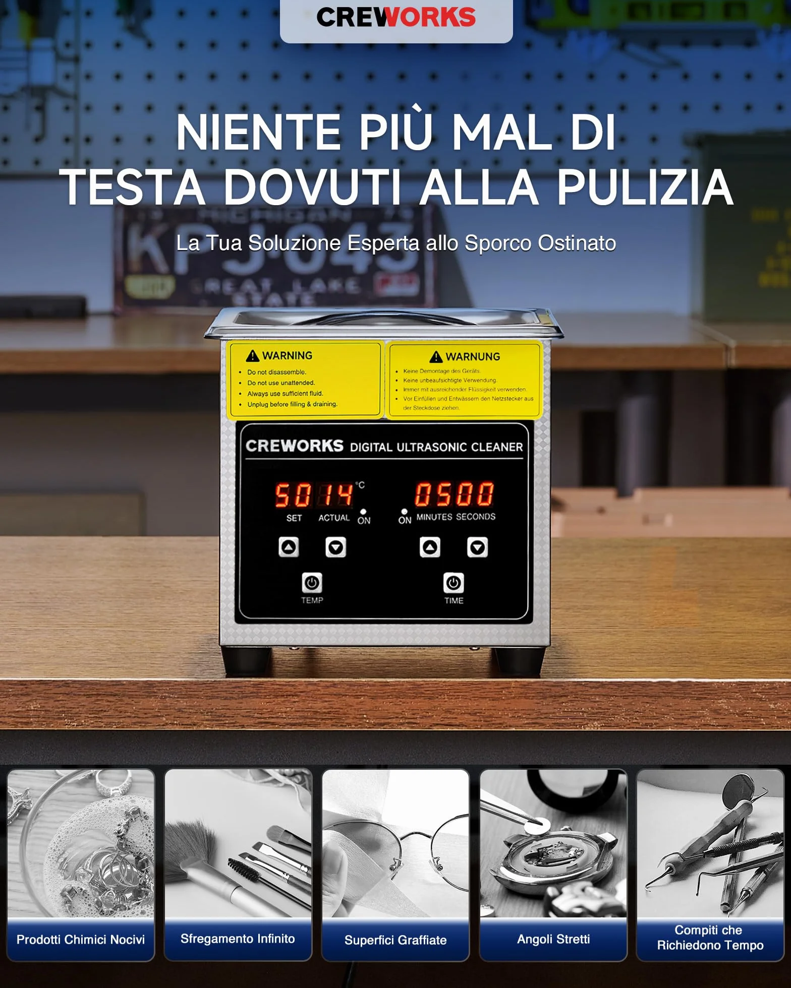 Pulitore Ultrasuoni Industriale 1L 50W Acciaio Inossidabile con Riscaldatore Timer Digitale