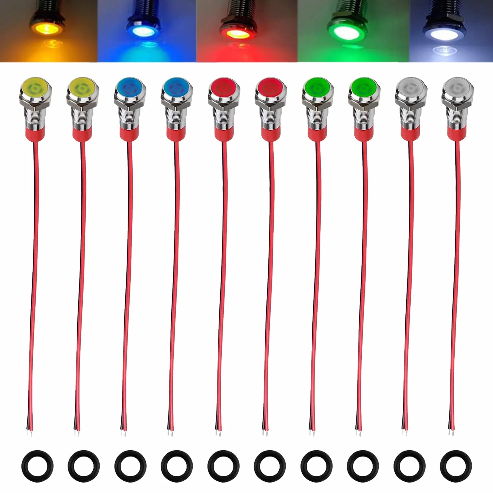 10 Pezzi Indicatore LED 6mm 12V-24V, Spia Luminoso Pannello LED Impermeabile 6mm Precablato per Auto, AC/DC 12-24V, Spia Luminosa con Luce Rossa, Gialla, Blu, Verde e Bianca, Classe Energetica A+++