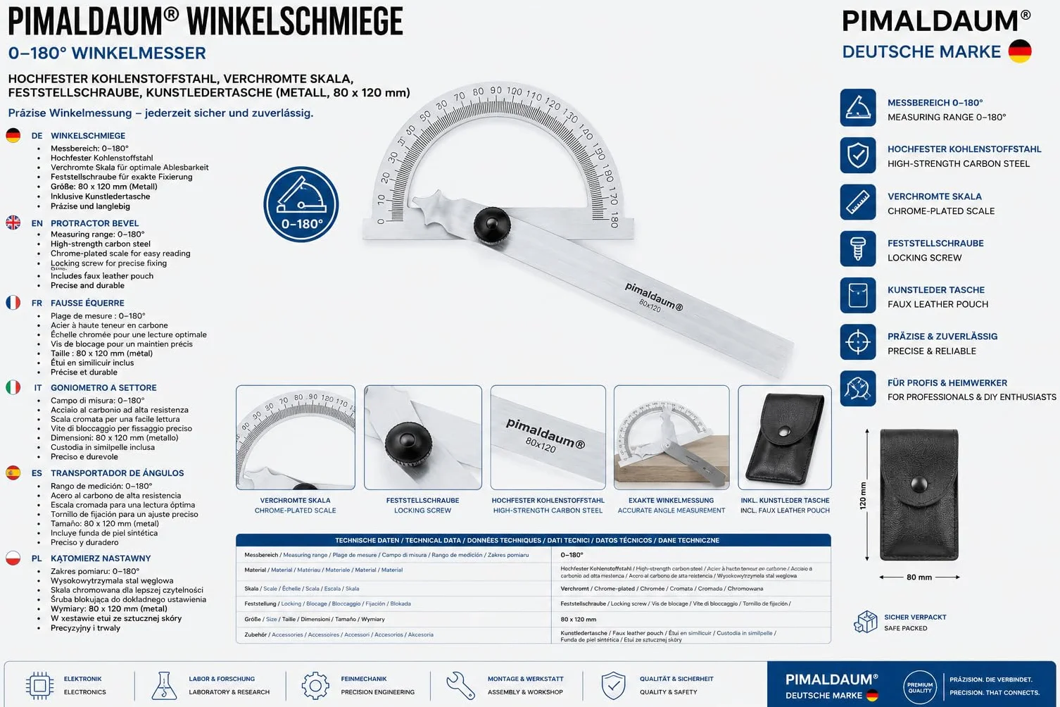 Goniometro angolare 0–180° professionale | Misuratore di angoli con righello regolabile | Strumento di precisione per misurare e tracciare angoli | 1 pezzo, varie m (80 * 120 mm)