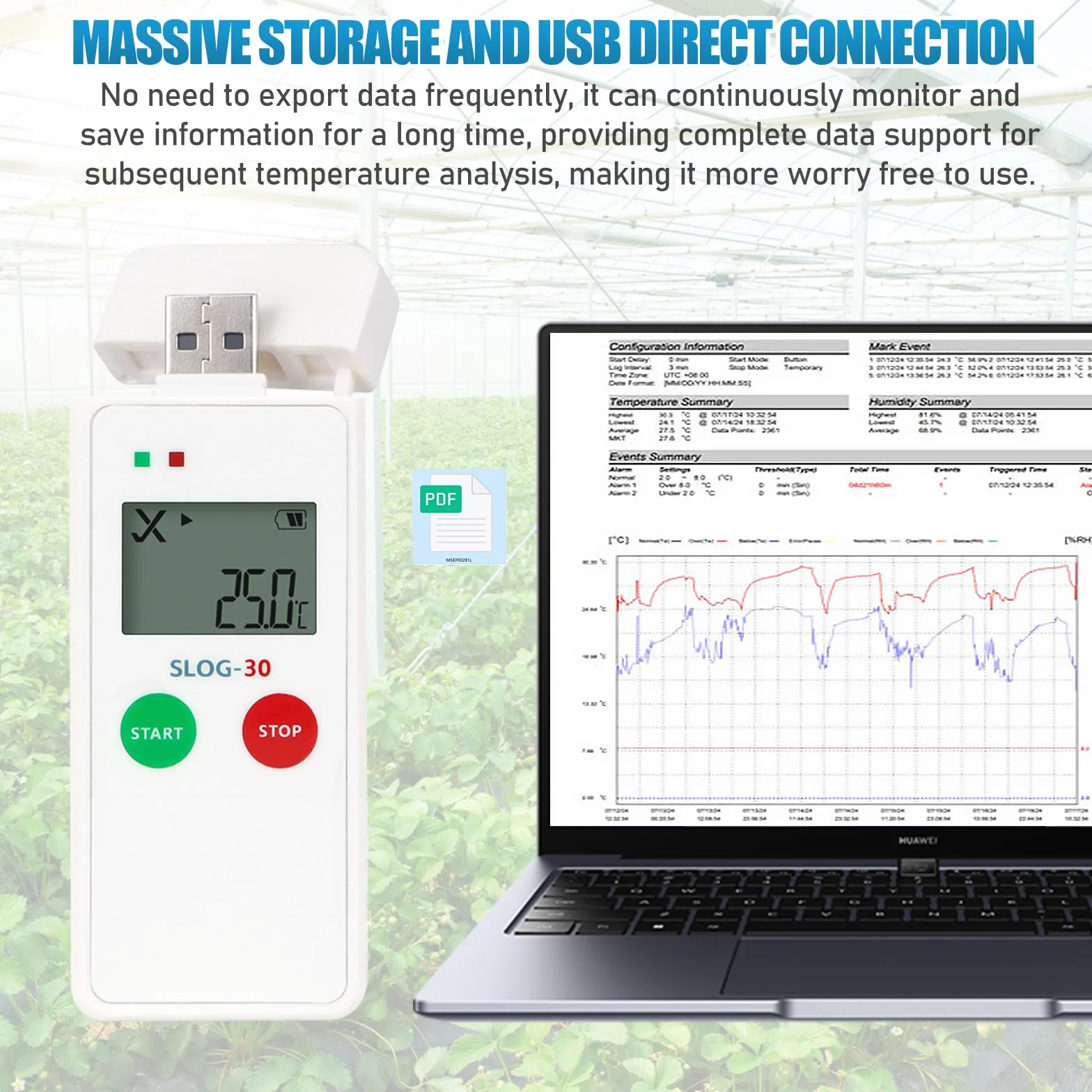 Registratore di temperatura USB digitale 65000 punti, logger con grande schermo LCD e rapporti PDF