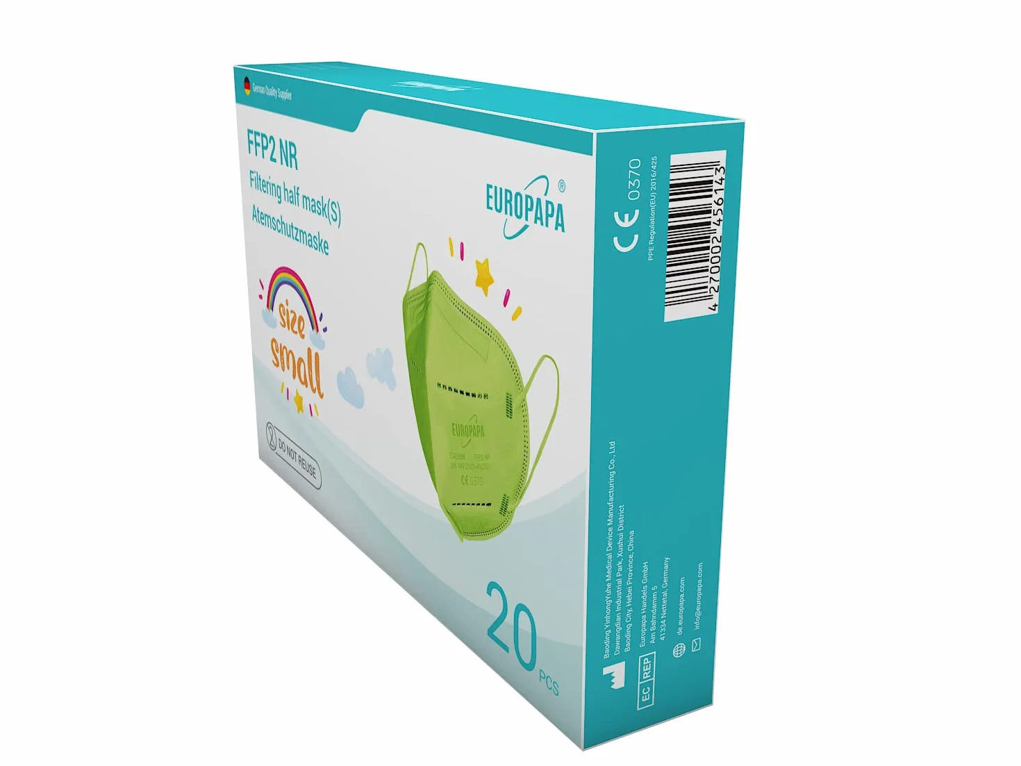 EUROPAPA 20x Maschere FFP2 S Viso Piccole Dimensioni Respiratori Igienici 5 Strati Confezionati Singolarmente
