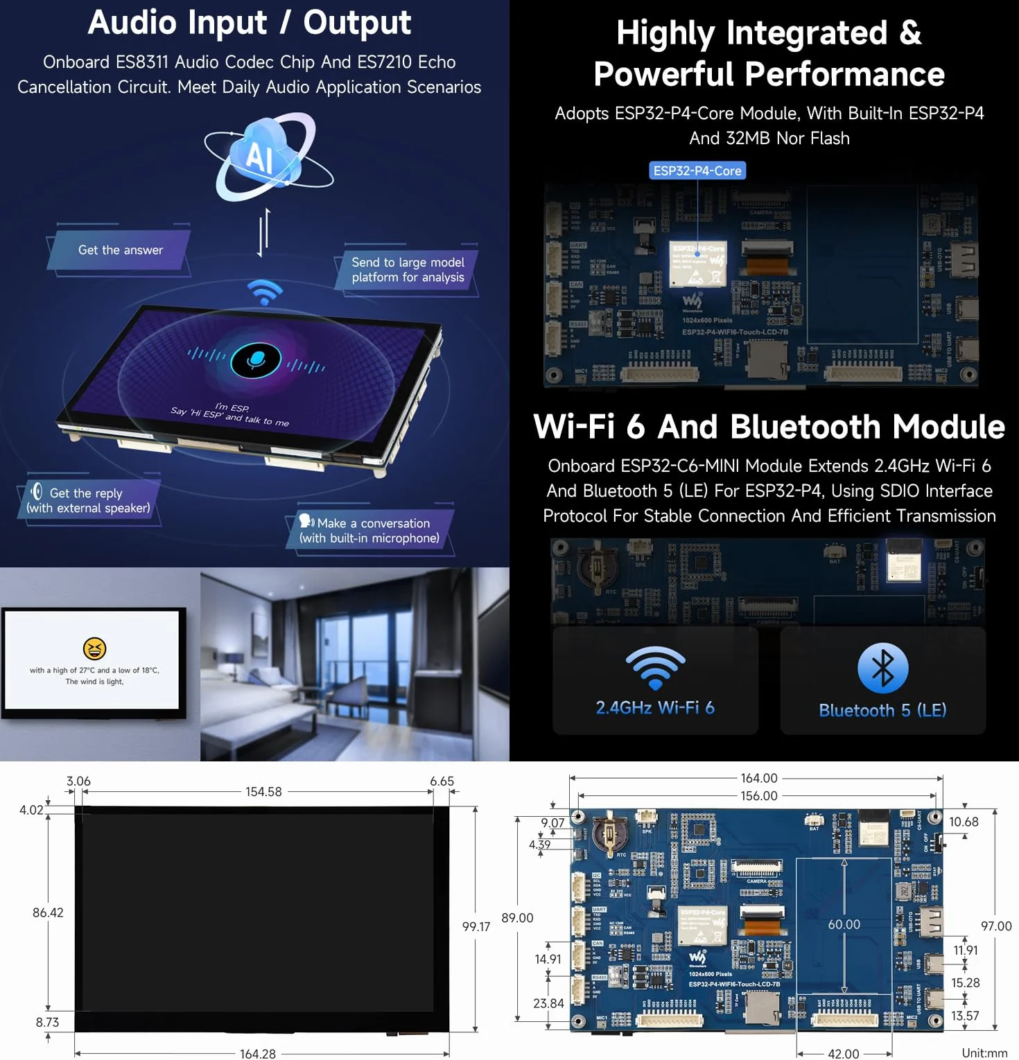 Waveshare ESP32-P4-WIFI6 7inch 5-Point Touch Display Development Board, Based On ESP32-P4 And ESP32-C6, 1024x600 Resolution, Supports Wi-Fi 6 / BT 5 (LE), without OV5647 Camera