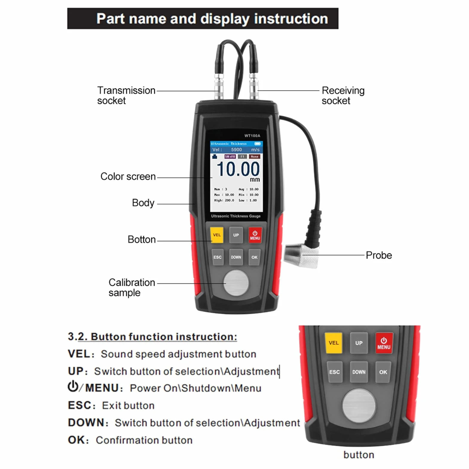 WT100A Spessimetro ad Ultrasuoni Digitale 1-225 mm 1000-9999 m/s Tester