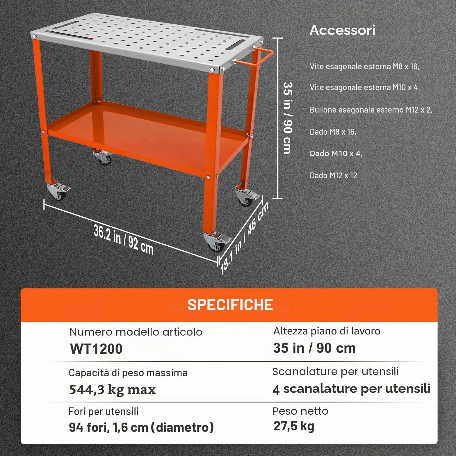 VEVOR Tavolo da Saldatura Lavoro Saldatore in Acciaio al Carbonio Capacità Carico Max. 544kg, Banco di Lavoro per Saldatura 91,4 x 45,7 cm da Officina Garage, Tavolo da Saldatura 94 Fori Portautensili