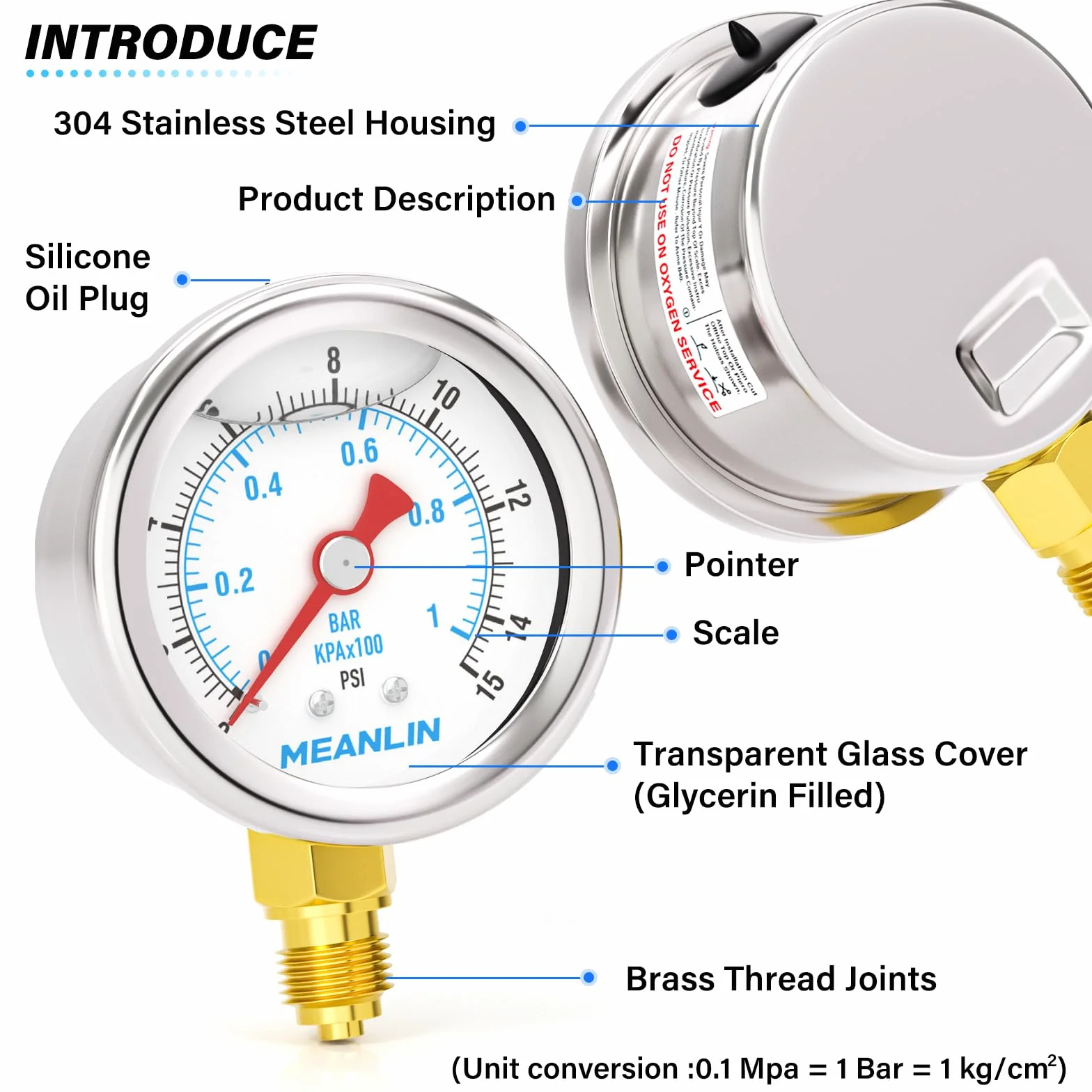 MEANLIN MEASURE 0~1BAR/15PSI Manometro in acciaio inox 1/8" BSP 1.5"FACE DIAL,riempito di glicerina,a liquido,acqua olio aria,montaggio inferiore,con boccola esagonale 1/8" x 1/4"BSP e 1/8" x 3/8"BSP