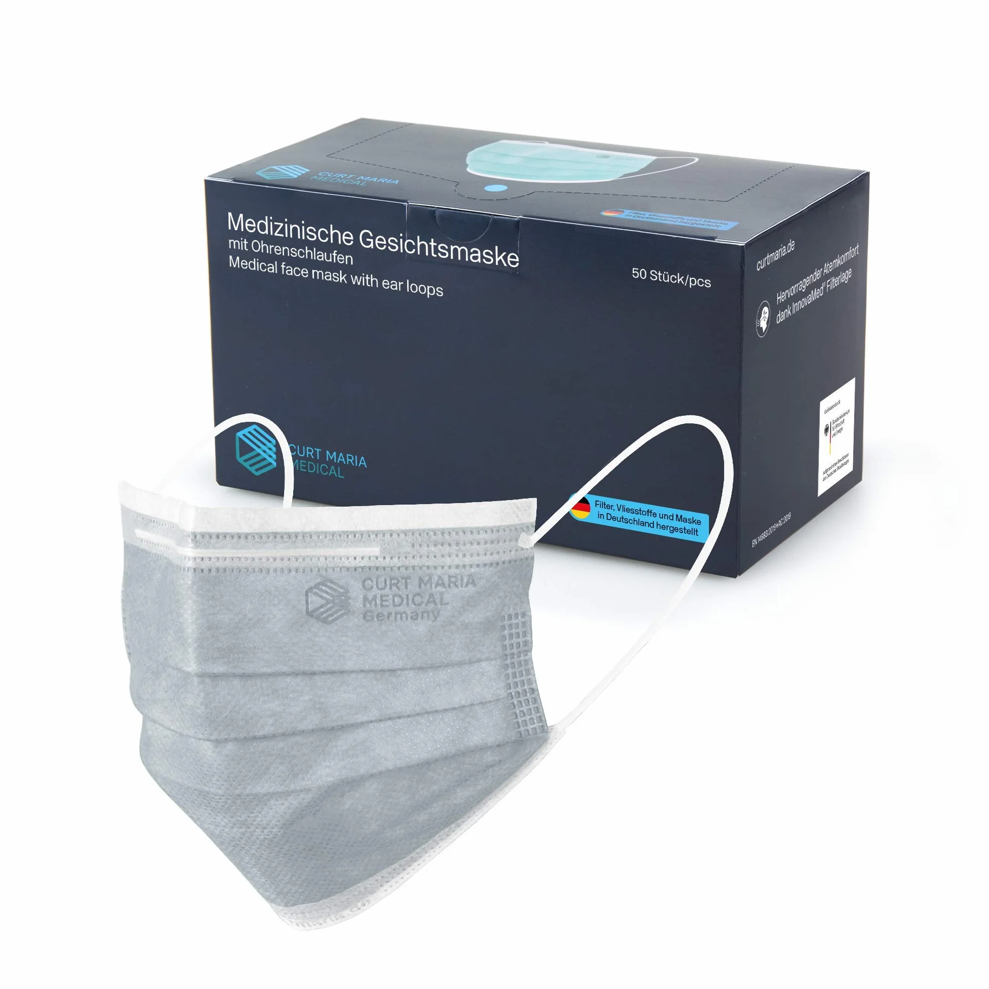 Curt Maria Medical 3-Ply Medical Masks con anelli per l'orecchio, grigio, confezione da 50