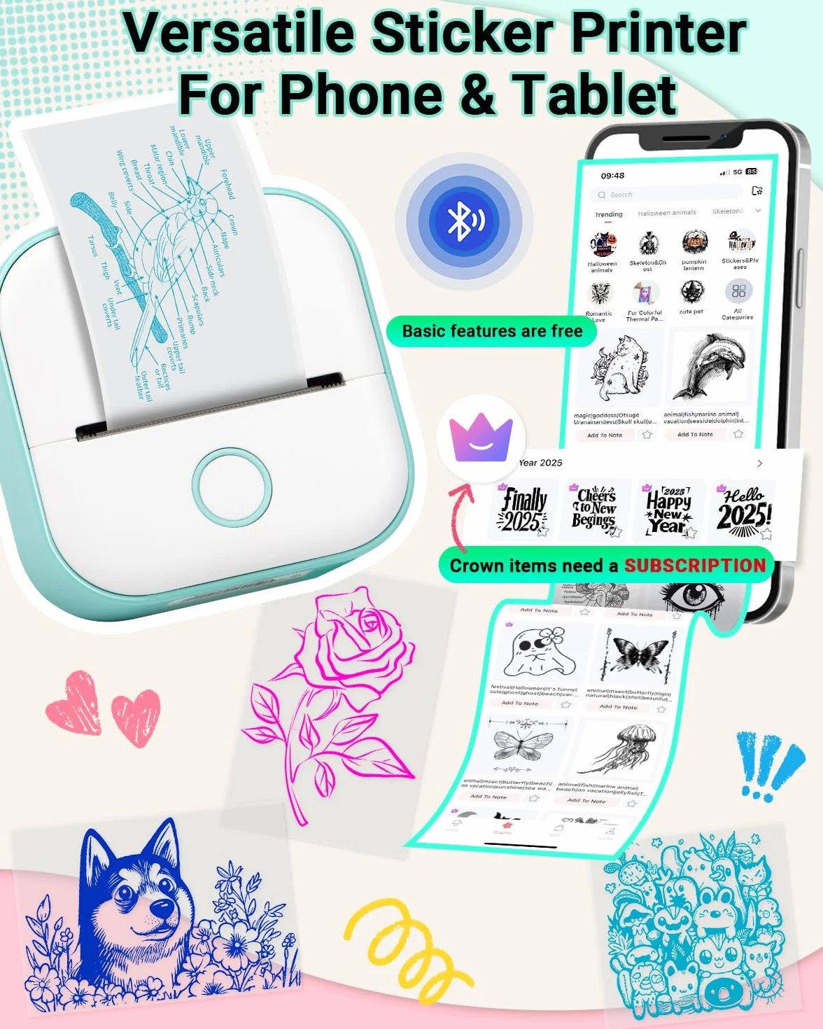 Memoking Mini Stampante Termica - T02 Stampante Termica Portatile Bluetooth Print Pods Portable Mini Printer per Grafici di Studio, l'apprendimento, Appunti di Studio, Diagrammi Anatomici, Foto,Regalo