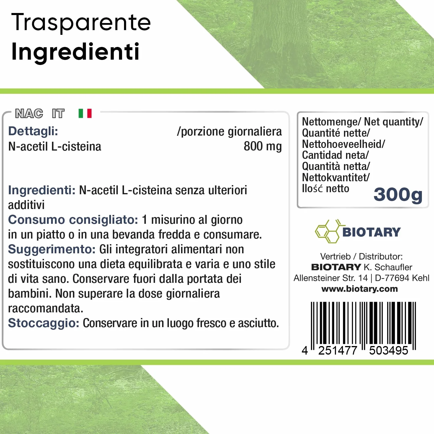 NAC Polvere 300 g N-acetile L-cisteina Alto dosaggio Vegano Testato in laboratorio