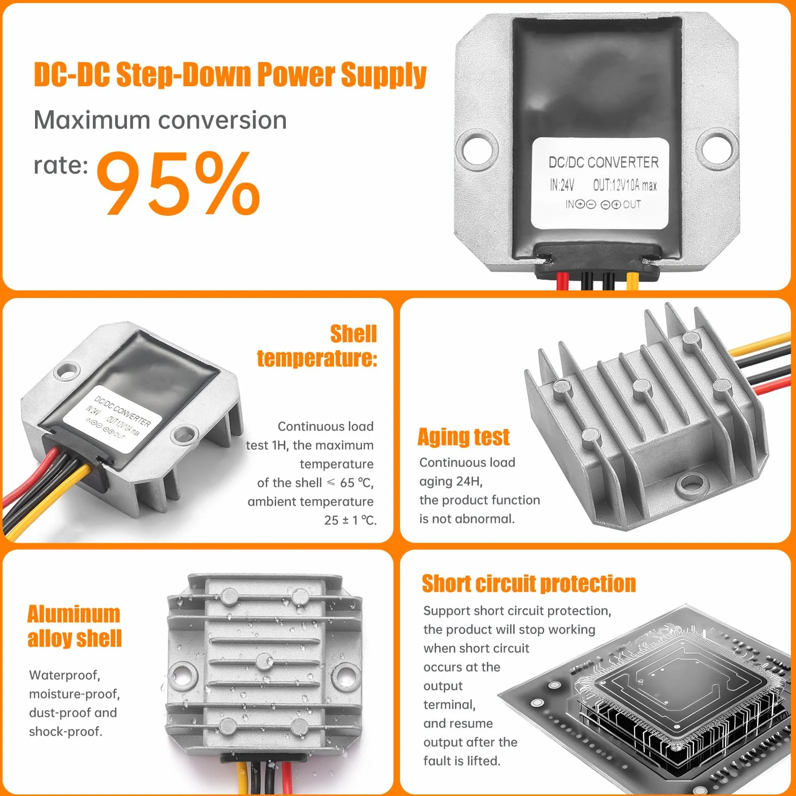 DC 24V a 12V 10A 120W Power Converter, 24V a 12V DC/DC Buck Regulator con morsettiera, sicuro, impermeabile, protezione da cortocircuito e sovracorrente per auto, strumentazione e molto