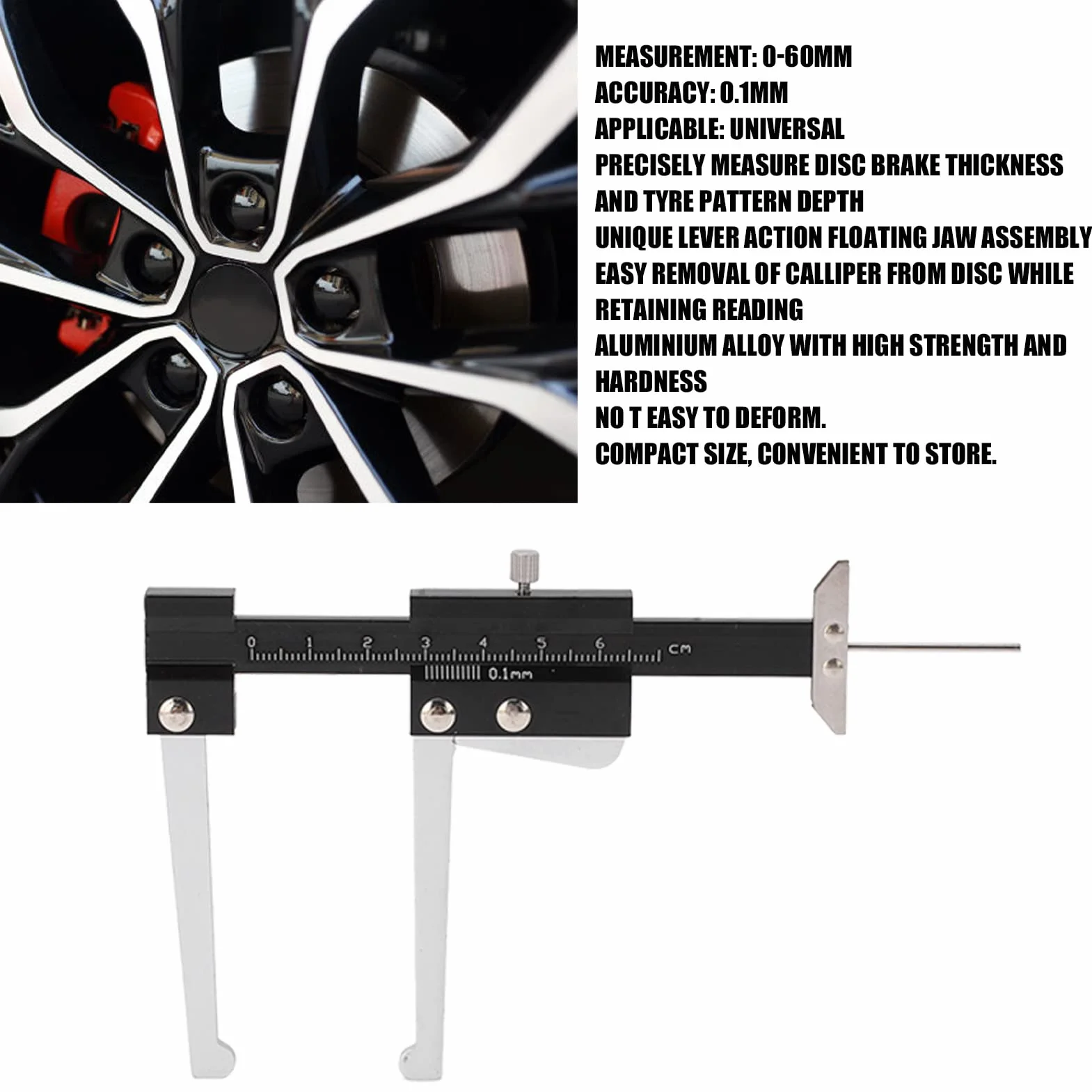 Calibro di Profondità 2-in-1 0-60mm 0,1mm Spessore Disco Freno Battistrada Pneumatico