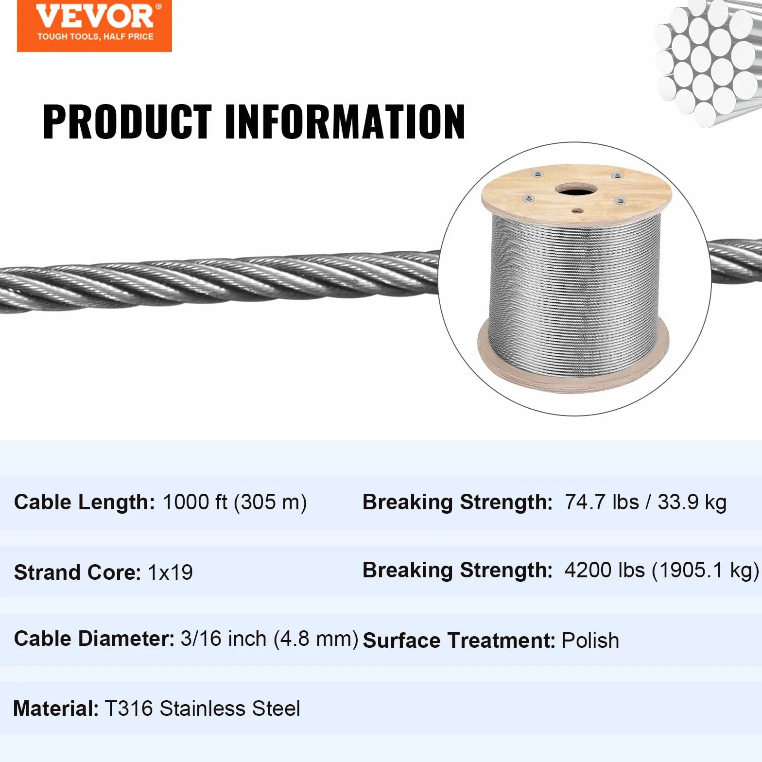 VEVOR Cavo in Acciaio Inossidabile 3/16"x 1000ft T316 1x19 Fili Costruzione Intrecciato per Luci a Corda Recinzione Balaustra