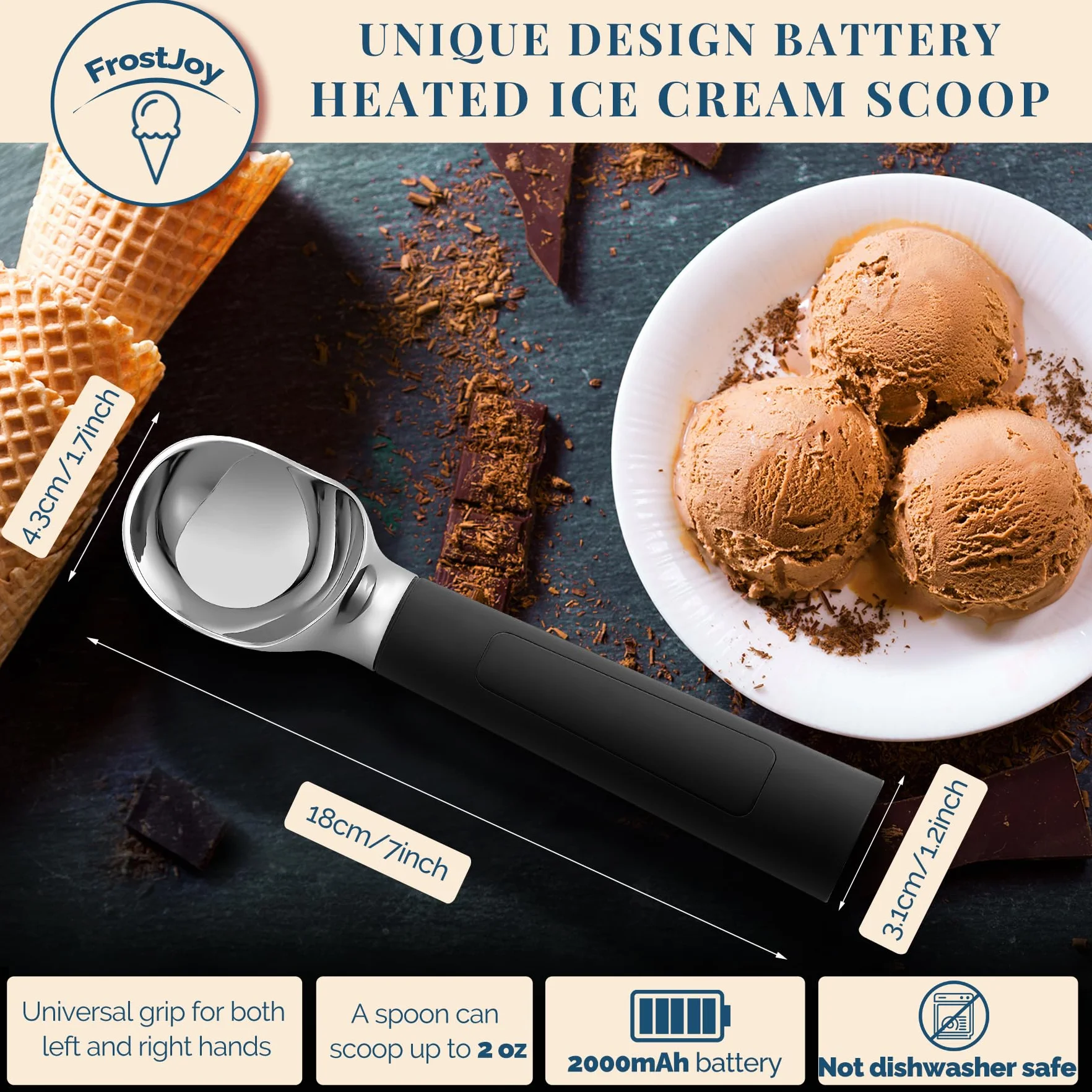 Paletta per gelato riscaldata Ricaricabile, scooper per gelato elettrico con display LED, riscalda fino a 70°C per gelato duro, facile per anziani e bambini, impermeabile IP67 (Nero)
