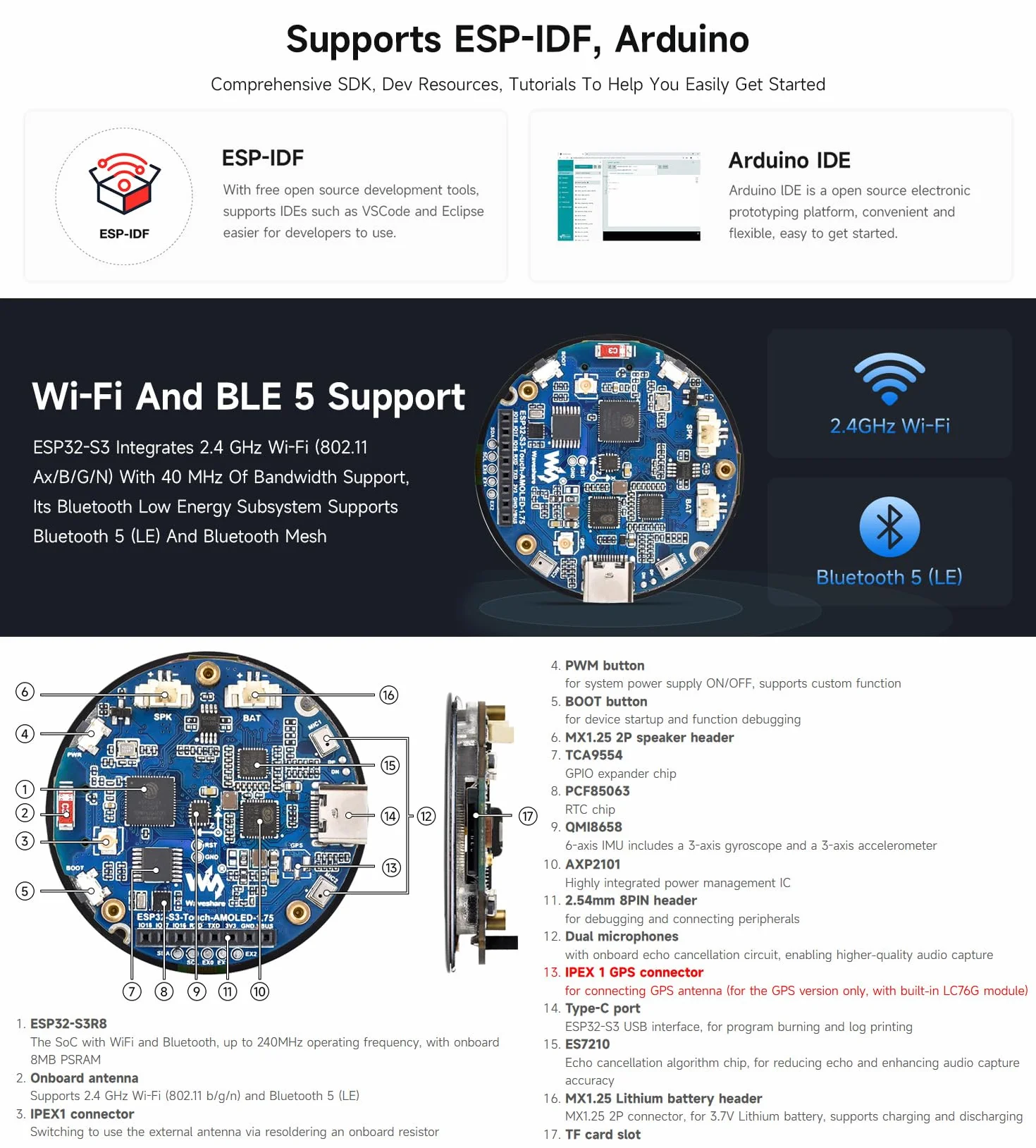 Waveshare ESP32-S3 1.75inch AMOLED Round Touch Display Development Board(without Case & GPS), 32-Bit LX7 2-Core Processor, 466x466, QSPI Interface, Dual Digital Microphones Array, ESP32 With Display