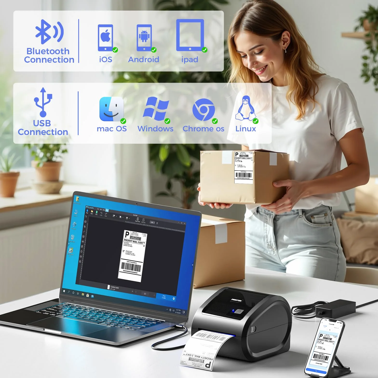 Phomemo D520BT Stampante Termica Bluetooth 4x6 per Etichette di Spedizione, Senza Inchiostro - Compatibile con Smartphone, PC/Mac, Android/iOS, Windows, Colissimo, UPS, Amazon, eBay, Nero