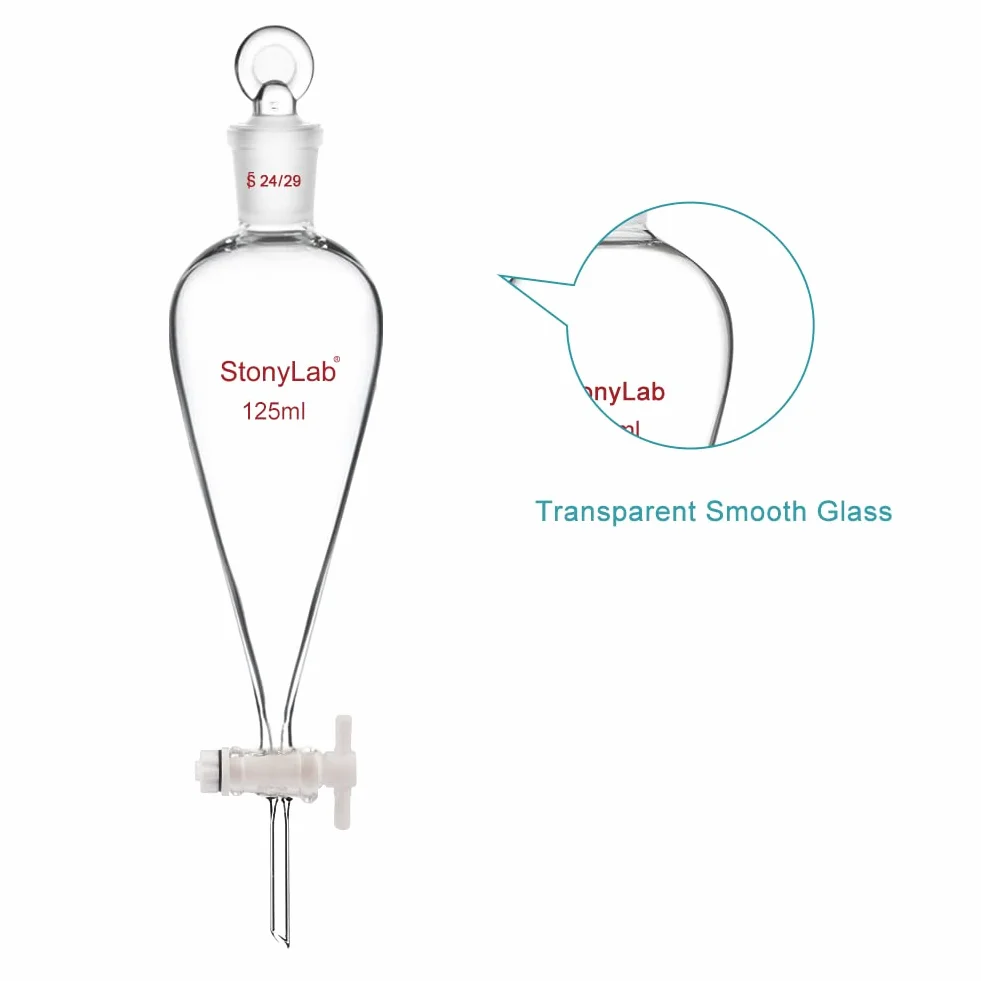 stonylab 125ml Imbuto Separatore con Rubinetto di Arresto in Vetro, Imbuto Laboratorio Conico a Forma di Pera con Parete Pesante in Vetro Borosilicato con Giunto 24/29, Separatory Funnel